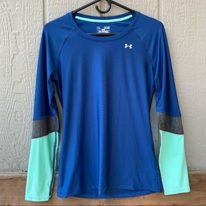 Under Armour long sleeve color block teal blue crewneck athletic workout top